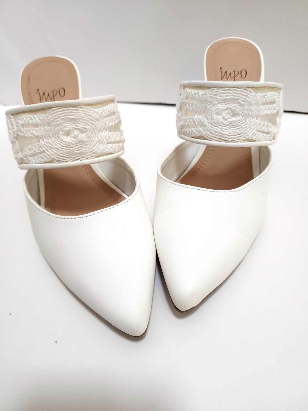 Impo White Pointed-Toe Slip-On Mules with Embroidered Strap - Picture 2 of 6